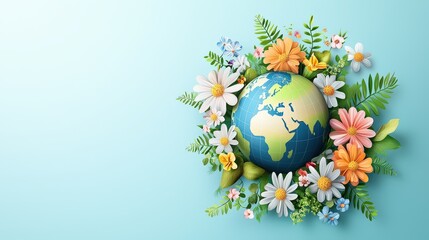 vabrant flat vector style for Earth Day concept with a globe surrounded by vibrant flowers and greenery, symbolizing the earth's beauty and the global efforts to protect the environment.