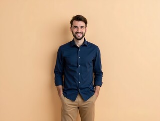 Fototapeta premium Portrait of a handsome man in casual fashion, smiling and posing in a black jacket and jeans, looking stylish in a studio setting