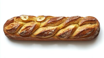 Fototapeta premium Loaf of bread with sliced bananas and a lemon on a wooden table background