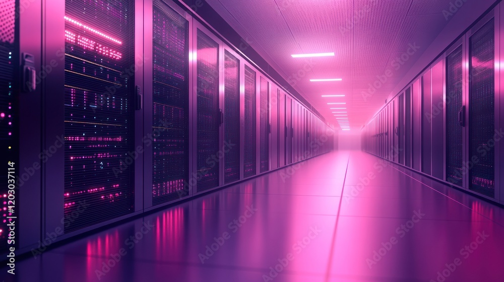 Poster illuminated server room corridor modern data center