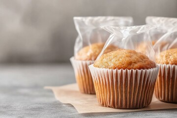 Three muffins in plastic bags displayed on a table ready for sale or consumption