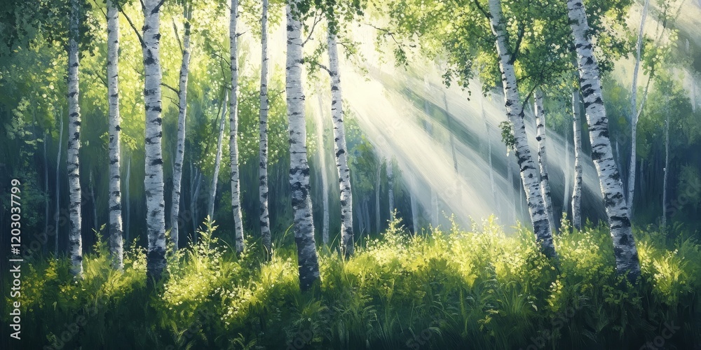 Poster spring birch trees bathed in sunlight create a stunning scene, with rays filtering through the vibra