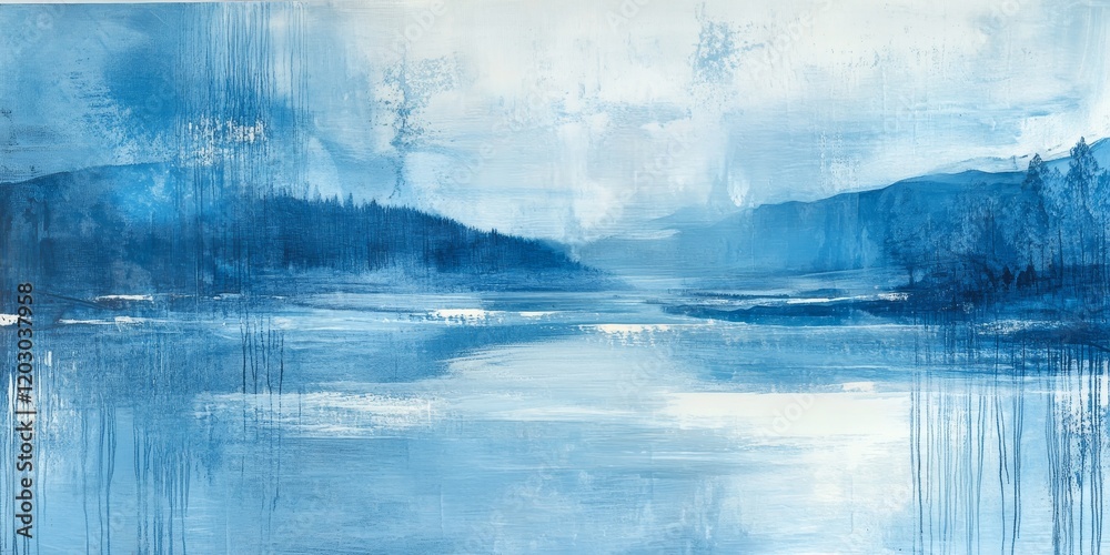 Poster tranquil blue landscape featuring serene waters and soft white elements, creating a harmonious blue 