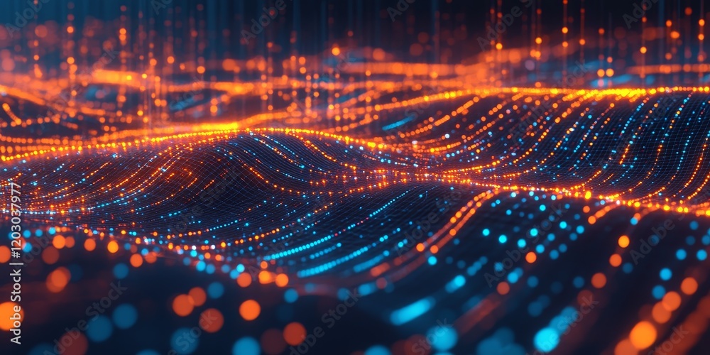 Poster Futuristic 3D visualization showcases interconnected nodes and lines, highlighting a network of dots in diverse shades. This represents a remarkable advancement in data technology.