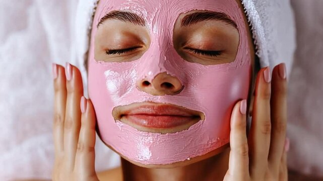A woman is applying a pink face mask