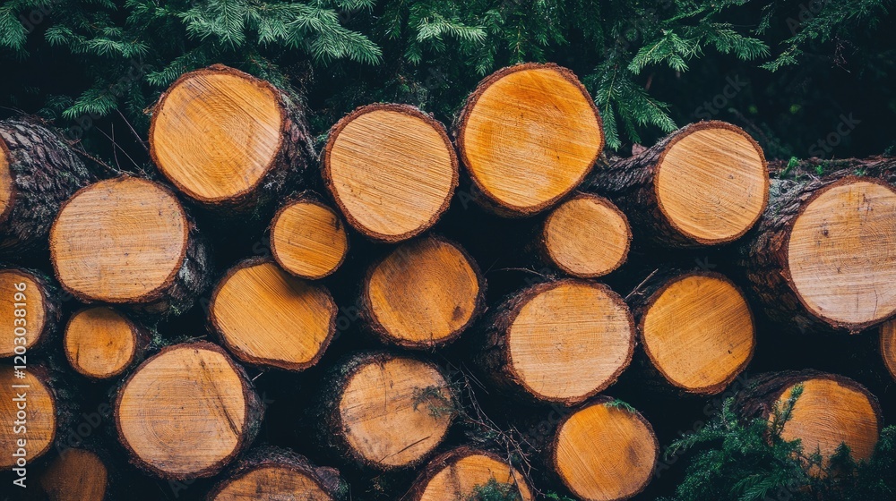 Aufkleber Stacked tree logs in a forest setting
