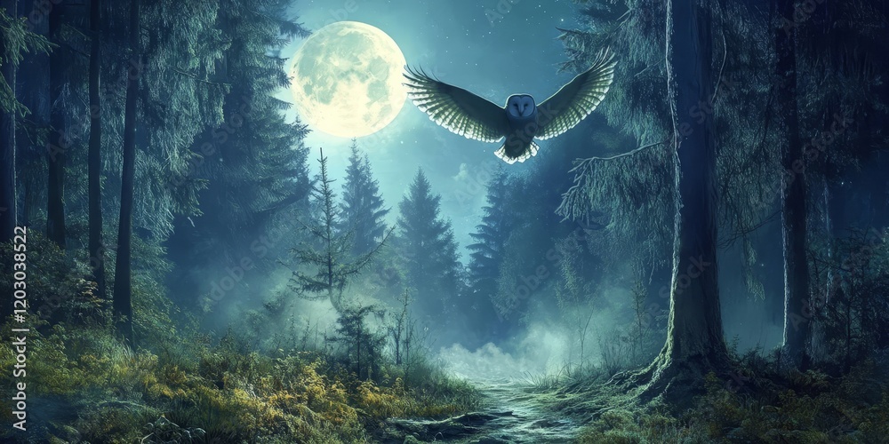 Poster enchanting moonlight illuminates a mystical spruce forest, where an owl soars gracefully, creating a