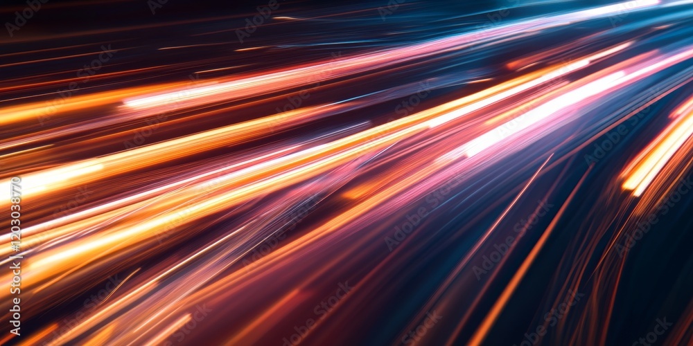 Poster Abstract background showcasing light lines with long exposure, creating a sense of speed motion in a dark night setting. The interplay of light lines and speed motion enhances the dynamic visual