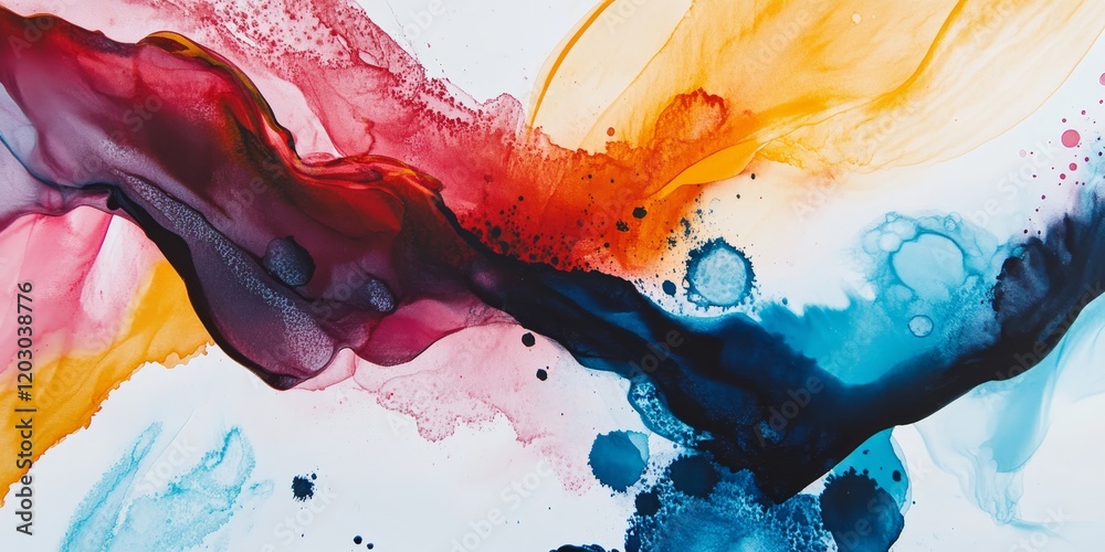 Poster Abstract colors in contrasting tones created with ink on a white surface, showcasing a vibrant interplay of abstract forms and hues that capture attention and inspire creativity through the ink.