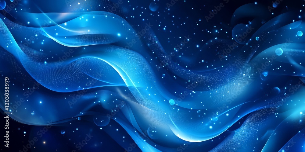 Fototapete An abstract blue background features shimmering waves and spirals. The design includes vertical space at the top for text placement.