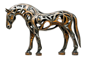 Unique metal sculpture of a horse showcasing intricate design and craftsmanship in an artistic presentation