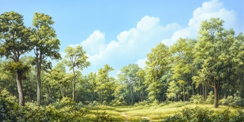 Obraz premium Lush trees with abundant foliage create a vibrant scene under a light blue sky, showcasing the beauty of nature and the tranquility found in such picturesque surroundings filled with trees.