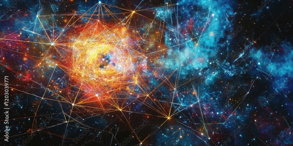 Aufkleber Scientific background featuring cyber space, machine learning, and artificial intelligence concepts illustrated with neural networks, triangles, and particles, showcasing the connection of math in