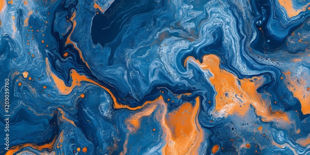Leinwandbilder Vibrant abstract marble art featuring a stunning blend of blue and orange paint, creating an eye catching visual experience with fluid patterns and unique textures in this abstract marble art piece.