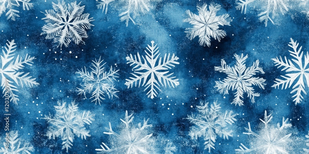 Aufkleber winter snowflake design featuring a frosty blue and white snow scene, ideal for creating repeatable 