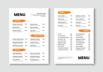 Minimalist restaurant menu layout design. Food and drink menu template. Vector