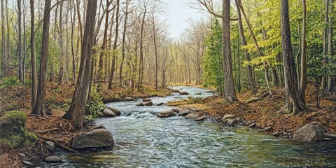 Obraz premium Spring river panorama captured amidst the woods, showcasing the tranquil water landscape of the river flowing through untouched forest lands. Experience the serene beauty of the spring river.