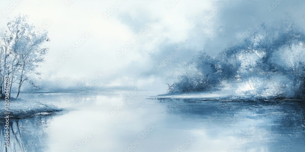 Poster tranquil blue landscape featuring serene waters and soft white elements, creating a harmonious blue 