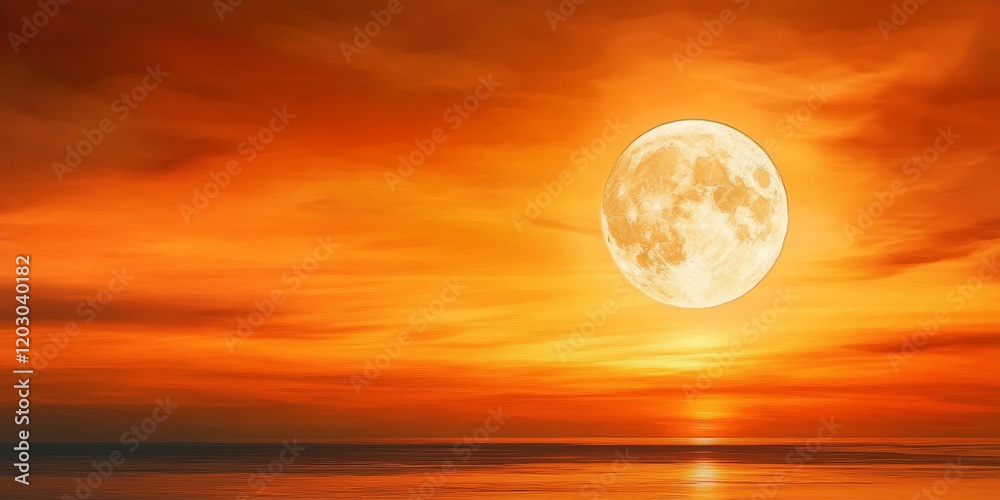 Aufkleber a luminous moon rises beautifully against a surreal orange sky, casting its enchanting glow in a cap