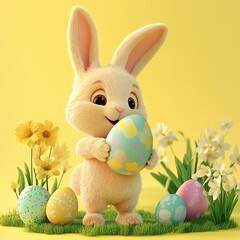 3d Happy Bunny Holding Easter Egg Colorful Eggs Yellow Background Copy Space Greeting Card