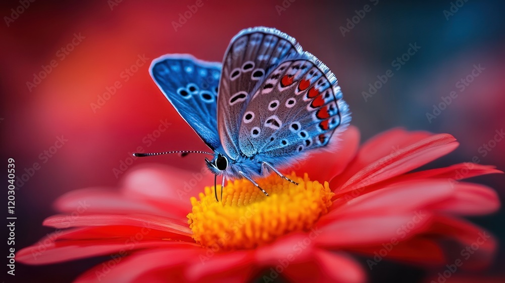 Sticker Blue Butterfly on a Red Flower: A Stunning Macro Photograph