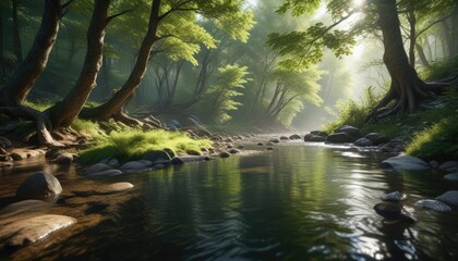 Clear water reflecting the dappled sunlight filtering through the leaves of a dense forest canopy over a winding clear mountain stream, outdoor, leaves, greens