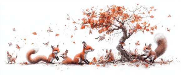 Playful Foxes and Squirrels in Autumnal Setting