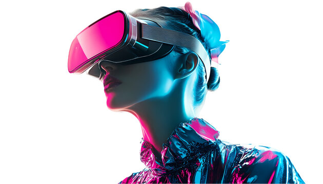 Woman in Virtual Reality Headset Neon Pink Blue Futuristic Fashion Technology VR AI AR 3D Girl Game 