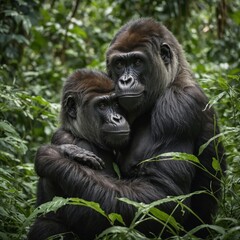 Fototapeta premium Gorilla, Wildlife Photography, Western Lowland Gorilla Family. a heartwarming image of a gorilla family, focusing on the adult gorilla carrying its juvenile on its back