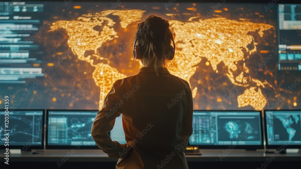 Poster woman observing global data on multiple monitors
