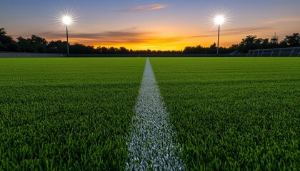A vibrant sunset illuminates a well-maintained sports field, showcasing a clear line marking the center, with stadium lights shining brightly in the background.
