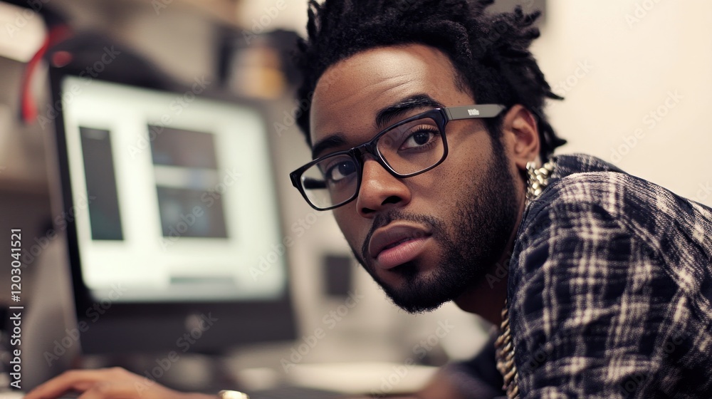 Poster young man with dreadlocks working at computer