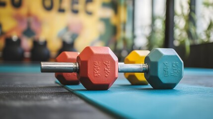 Colorful dumbbells rest on a teal gym mat
