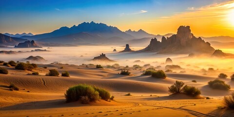 Obraz premium Desert landscape at dawn with misty silhouette of dunes and rocky outcrops