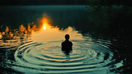 Silhouetted bird floats on tranquil water at sunset
