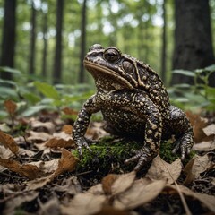 Obraz premium Take a side-view shot of a toad hopping in the forest, with a DSLR and a soft-focus background of leaves and twigs.