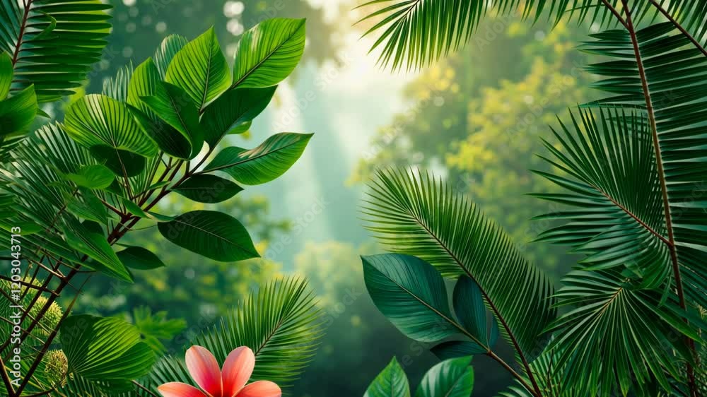 Aufkleber a tropical forest with a bunch of green leaves and a few red flowers. the flowers are in the foregro
