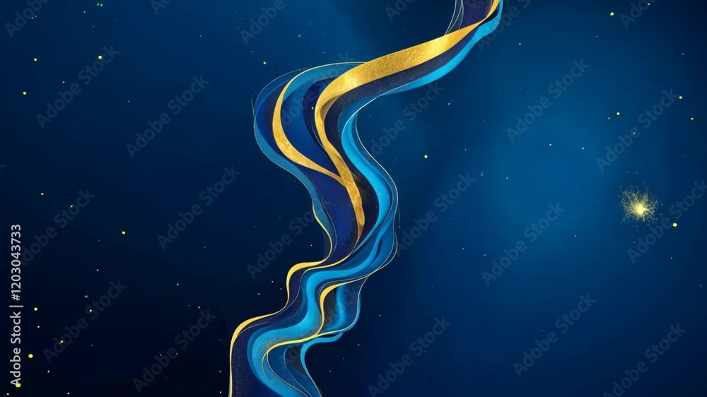 Poster a blue line with stars and a blue sphere. the line is curved and the sphere is round