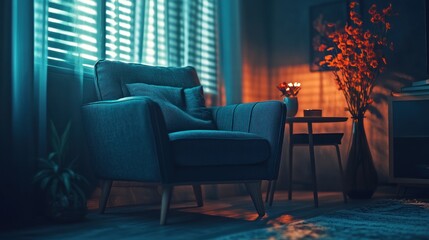 Teal Armchair In A Cozy Evening Living Room Setting