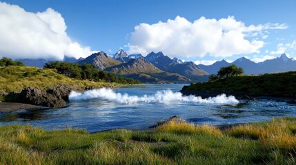 Waves Crashing on Rocky Shore near Mountains