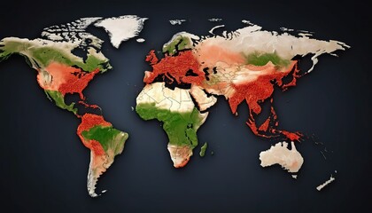 World map displaying global climate zones with varying colors indicating different temperature and vegetation patterns.
