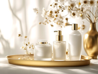 A set of luxury white skincare products with golden accents, placed on an elegant table with soft lighting and delicate flowers in the background