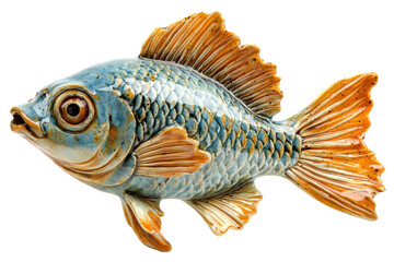 Ornate ceramic fish sculpture captured on a white background showcasing intricate details and craftsmanship