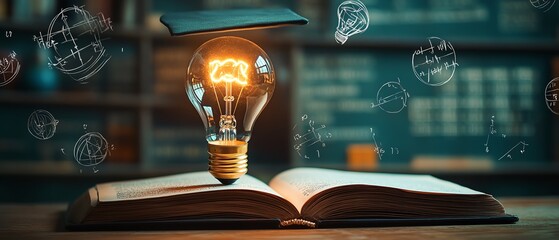 Lightbulb in graduation cap resting on open book, surrounded by floating mathematical symbols, representing creative learning, education, and inspiration