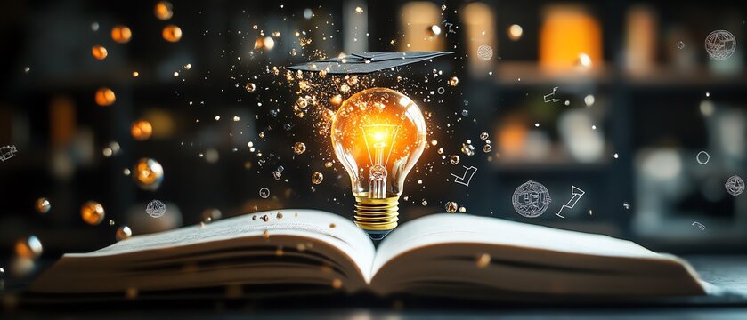 Lightbulb in graduation cap resting on open book, surrounded by floating mathematical symbols, representing creative learning, education, and inspiration