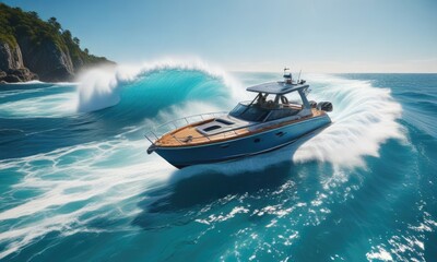 Boat creating massive splash and whirlpool in clear blue sea , splashing water, waves, fuel