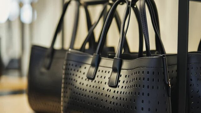 A row of black purses with a black background