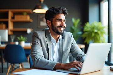 Portrait of a Smiling Businessman Working on a Laptop in a Modern Office Environment with Plants and Natural Light