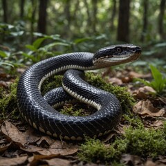 Fototapeta premium Photograph a cobra in a side pose on a forest floor, with high resolution and a DSLR-blurred background.