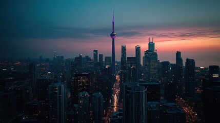 Toronto Skyline Sunset Cityscape Featuring Iconic Tower